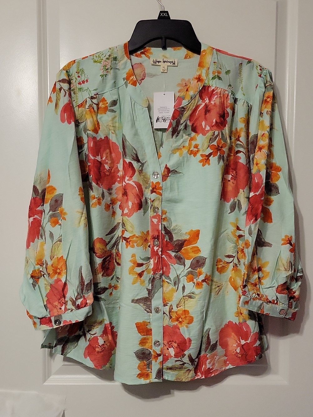Hope Springs Womens XL L/S, Green W/flowers V-neck, Button-up Blouse. NWT